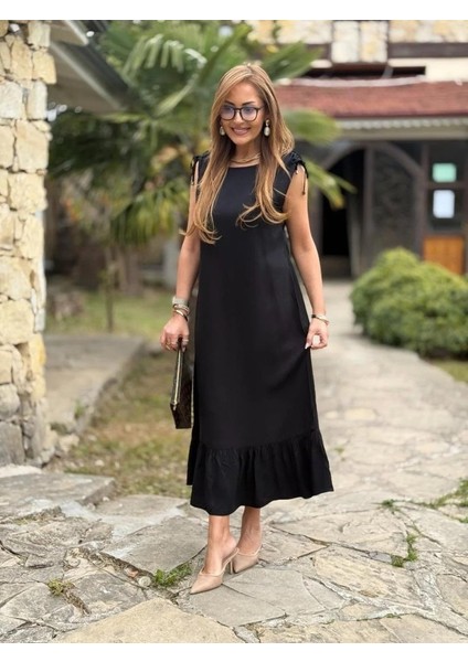 Kadın Omuzlardan Büzgülü Kayık Yaka Fırfırlı Janjan Krep Elbise 2xl-3xl-Siyah modelleri