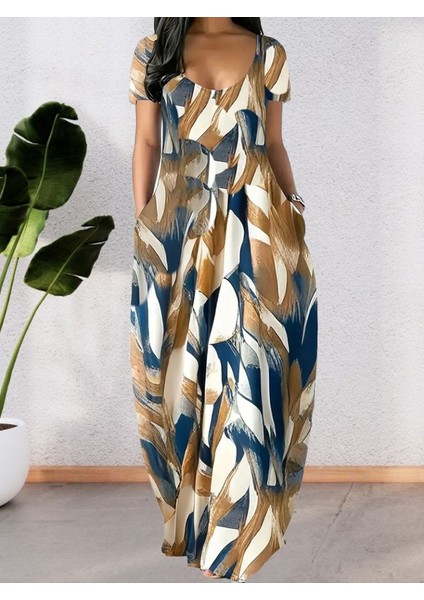 Kadın Kısa Kollu Yuvarlak Yaka Cepli Salaş Baskılı Süprem Elbise L-Xl-Sarı