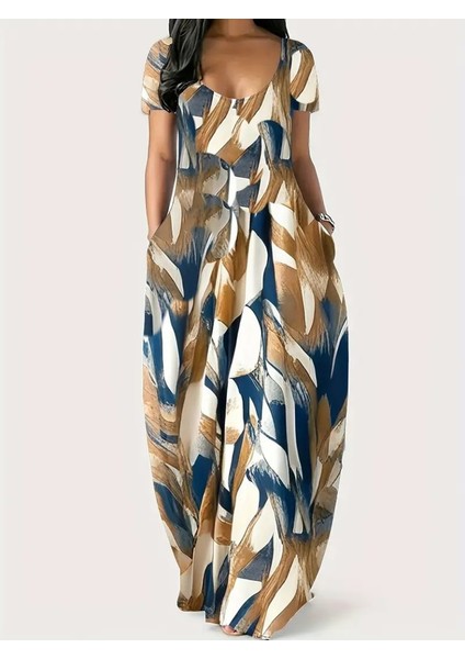 Kadın Kısa Kollu Yuvarlak Yaka Cepli Salaş Baskılı Süprem Elbise L-Xl-Sarı fırsatları