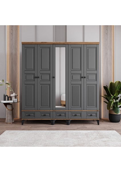 Terra 5 Kapaklı Çekmeceli Gardırop Tamamı Mdf (Antrasit)