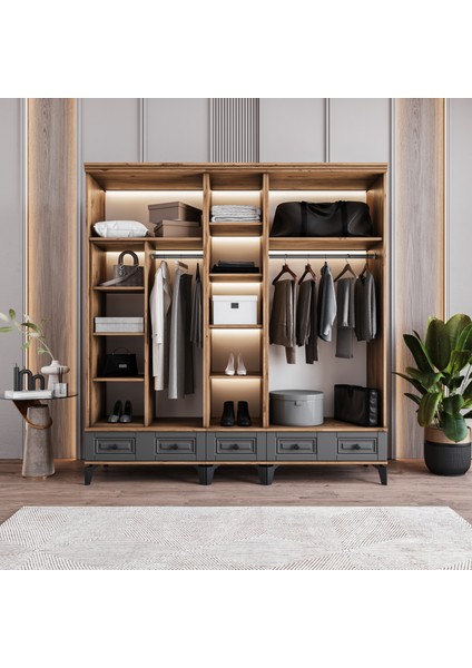 Terra 5 Kapaklı Çekmeceli Gardırop Tamamı Mdf (Antrasit) modelleri