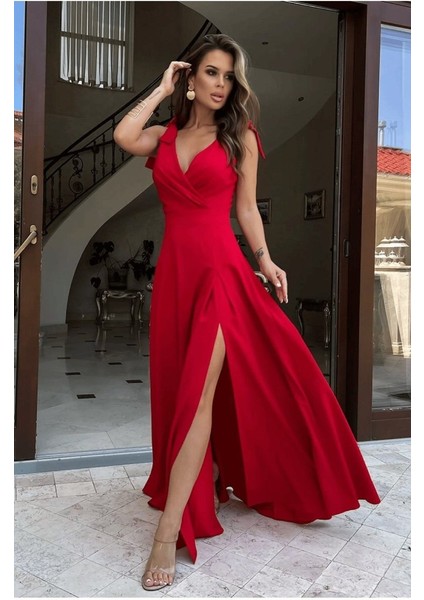 Kadın Askılı Omuzdan Bağlamalı Kruvaze Yakalı Uzun Yırtmaçlı Janjan Krep Elbise S-M-Kırmızı modelleri