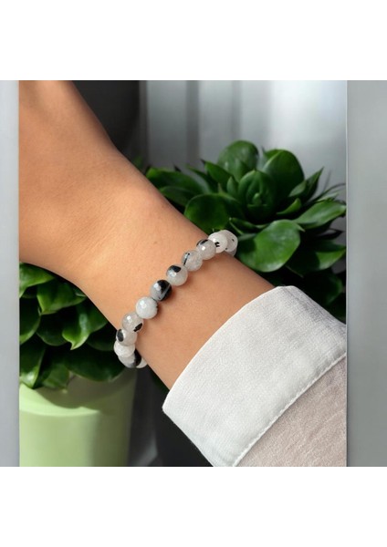 Rutilli Kuvars Siyah Gri Beyaz Doğal Taş Bileklik