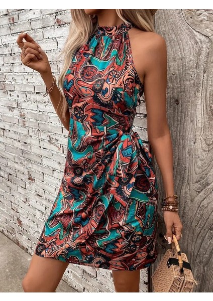 Kadın Omuzlardan Açık Yarı Balıkçı Yaka Yandan Çapraz Bağlama Detaylı Süprem Kısa Elbise Mavi-S-M