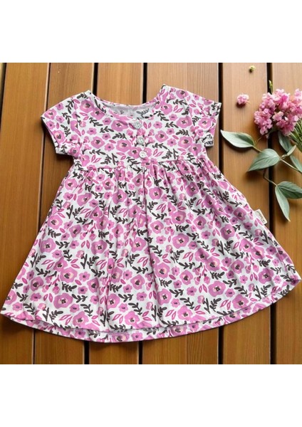 Düğmeli Çiçekli Elbise Pembe