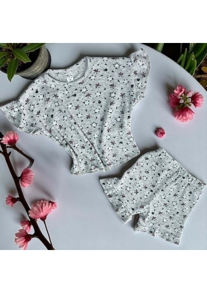 Fırfırlı Raporlu Desenli Tshırt Sort Takım Gül Kurusu