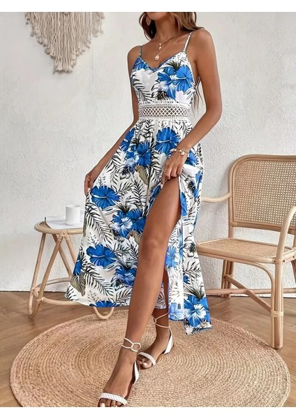 Kadın Ip Askılı V Yakalı Bel Güpür Çiçek Desenli Yandan Yırtmaçlı Maksi Süprem Elbise Mavi-2xl-3xl fırsatları