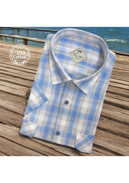 Linen Keten Klasik %100 Cotton Kısa Kollu Terletmeyen Iki Cepli Kapaklı Mavi Gömlek (Regular Kalıp)
