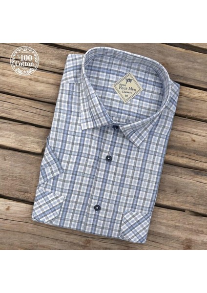 Linen Keten Klasik %100 Cotton Kısa Kollu Terletmeyen Iki Cepli Kapaklı Mavi Gömlek (Regular Kalıp)