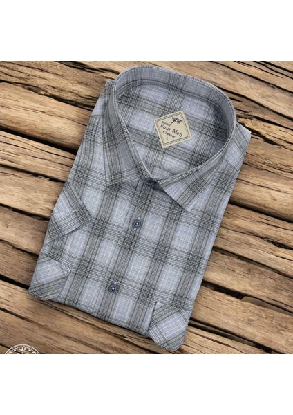 Linen Keten Klasik Kısa Kollu Iki Cepli Kapaklı Mavi Baba Gömleği (Regular Kalıp)