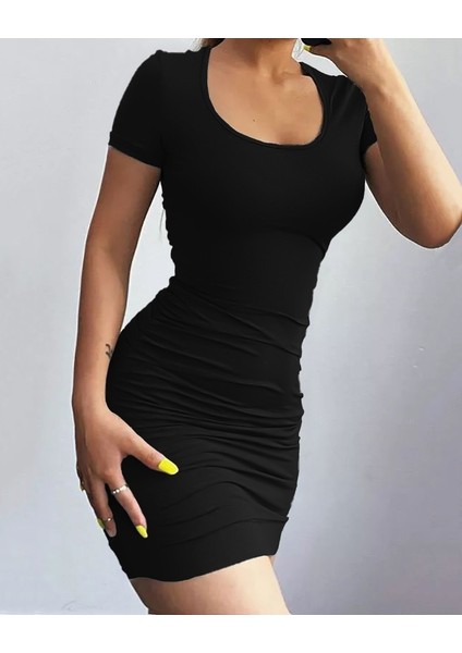 Kadın Kısa Kollu Bel Çapraz Detay Dekolteli Eteği Büzgülü Sandy Mini Elbise L-Xl-Siyah fiyatları