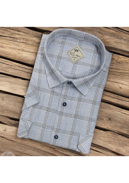 Linen Keten Klasik Kısa Kollu Iki Cepli Kapaklı Mavi Baba Gömleği (Regular Kalıp)