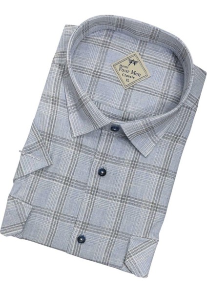 Linen Keten Klasik Kısa Kollu Iki Cepli Kapaklı Mavi Baba Gömleği (Regular Kalıp) fiyatları