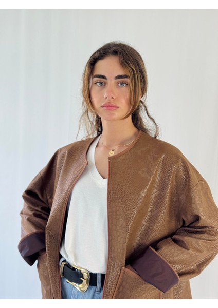 Tasarım Mevsimlik Ince Suni Deri Ceket Kadın Kahverengi