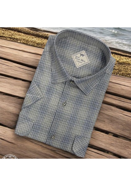 Linen Keten Klasik Kısa Kollu Iki Cepli Kapaklı Yeşil Baba Gömleği (Regular Kalıp)