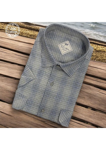 Linen Keten Klasik %100 Cotton Kısa Kollu Terletmeyen Iki Cepli Kapaklı Yeşil Gömlek (Regular Kalıp)