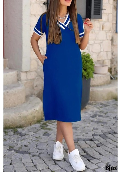 Kadın Kısa Kollu V Yaka ve Yaka Ribana Detay Midiboy Viskon Elbise Mavi-2xl-3xl indirimleri