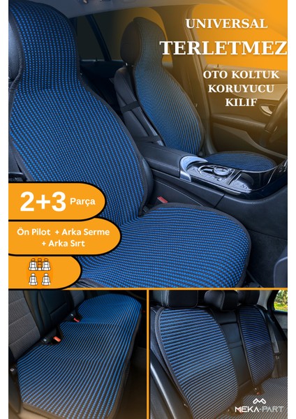 Terletmez Oto Koltuk Koruyucu Kılıf 5 Parça Universal Mavi Siyah 2 3 %100 Pamuk