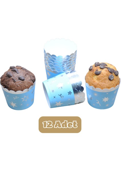 Metalik Mavi Üzeri Gümüş Yıldız Temalı Cupcake Muffin Kalıbı