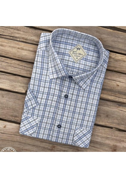 Linen Keten Klasik Kısa Kollu Iki Cepli Kapaklı Mavi Baba Gömleği (Regular Kalıp)