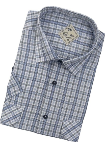 Linen Keten Klasik Kısa Kollu Iki Cepli Kapaklı Mavi Baba Gömleği (Regular Kalıp) fiyatları