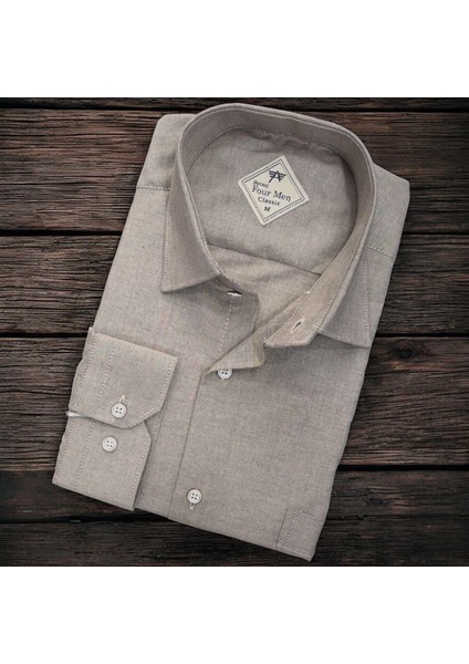 Linen Keten Klasik Uzun Kollu Terletmeyen Vizon Erkek Gömlek (Regular Kalıp)