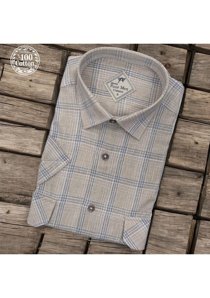 Linen Keten Klasik %100 Cotton Kısa Kollu Terletmeyen Iki Cepli Kapaklı Vizon Gömlek (Regular Kalıp)