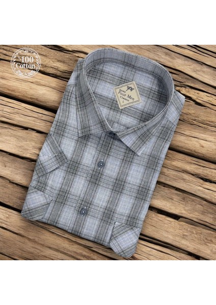 Linen Keten Klasik %100 Cotton Kısa Kollu Terletmeyen Iki Cepli Kapaklı Mavi Gömlek (Regular Kalıp)