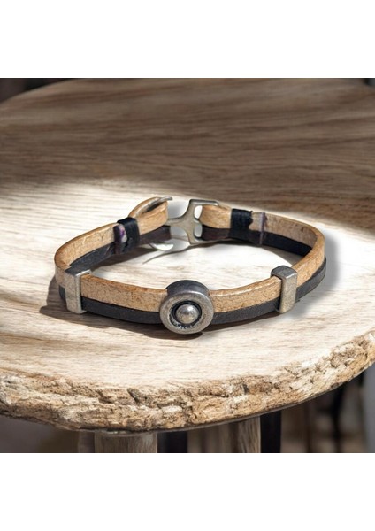 Çapa Detaylı Siyah ve Krem Deri Erkek Bileklik