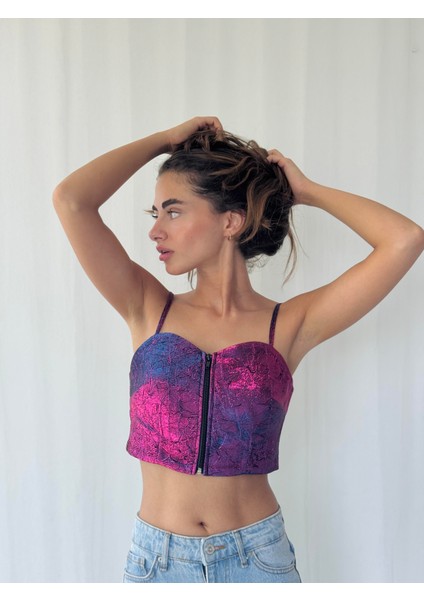 Tasarım Önden Fermuarlı Büstiyer Kadın Fuşya