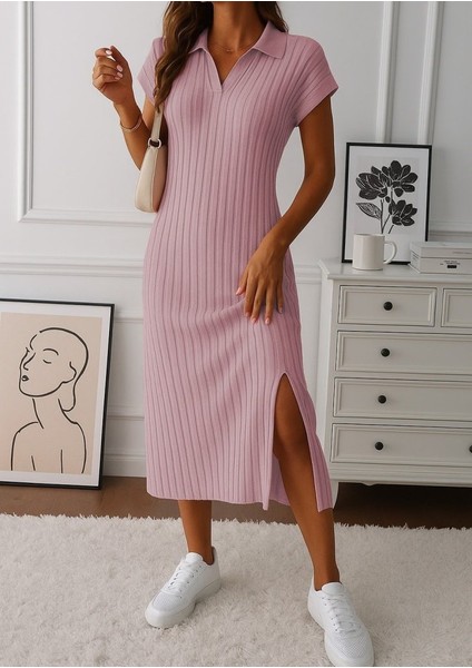 Kadın Kısa Kollu Yakalı Yandan Yırtmaçlı Kalın Fitilli Kaşkorse Elbise Pembe-L-Xl