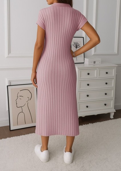 Kadın Kısa Kollu Yakalı Yandan Yırtmaçlı Kalın Fitilli Kaşkorse Elbise Pembe-L-Xl modelleri