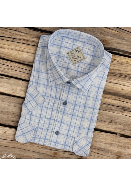 Linen Keten Klasik Kısa Kollu Iki Cepli Kapaklı Mavi Baba Gömleği (Regular Kalıp)
