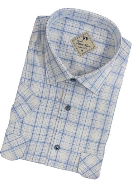 Linen Keten Klasik Kısa Kollu Iki Cepli Kapaklı Mavi Baba Gömleği (Regular Kalıp) fiyatları