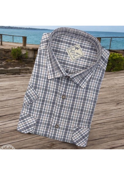 Linen Keten Klasik Kısa Kollu Iki Cepli Kapaklı Beyaz Baba Gömleği (Regular Kalıp)