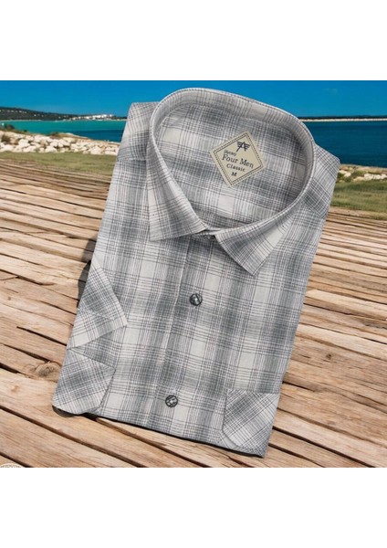 Linen Keten Klasik Kısa Kollu Iki Cepli Kapaklı Gri Baba Gömleği (Regular Kalıp)