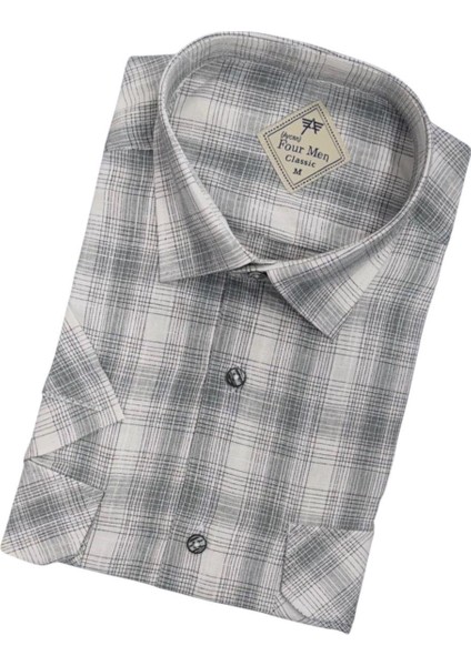 Linen Keten Klasik Kısa Kollu Iki Cepli Kapaklı Gri Baba Gömleği (Regular Kalıp) fiyatları