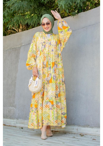 Etnik Desen Yarım Patlı Yazlık Elbise-Sarı
