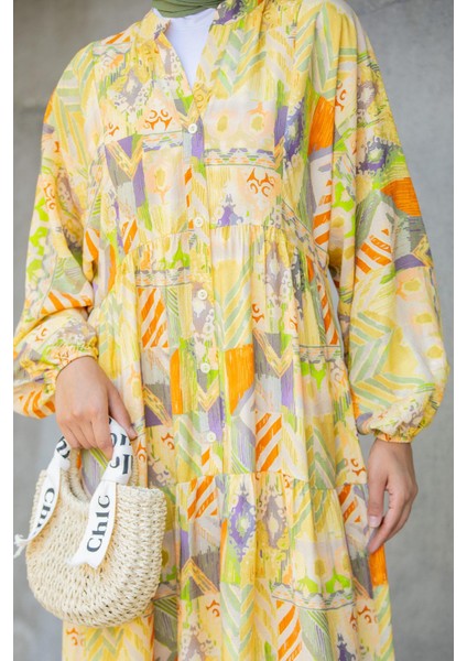 Etnik Desen Yarım Patlı Yazlık Elbise-Sarı fiyatları