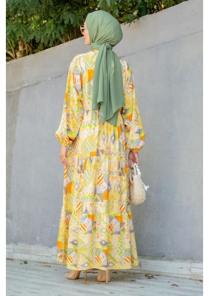 Etnik Desen Yarım Patlı Yazlık Elbise-Sarı modelleri
