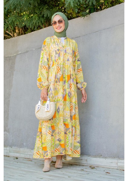Etnik Desen Yarım Patlı Yazlık Elbise-Sarı fırsatları