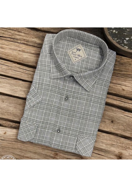 Linen Keten Klasik Kısa Kollu Iki Cepli Kapaklı Bej Baba Gömleği (Regular Kalıp)