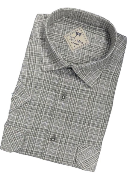 Linen Keten Klasik Kısa Kollu Iki Cepli Kapaklı Gri Baba Gömleği (Regular Kalıp) fiyatları