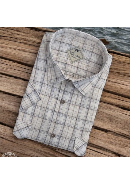 Linen Keten Klasik Kısa Kollu Iki Cepli Kapaklı Beyaz Baba Gömleği (Regular Kalıp)