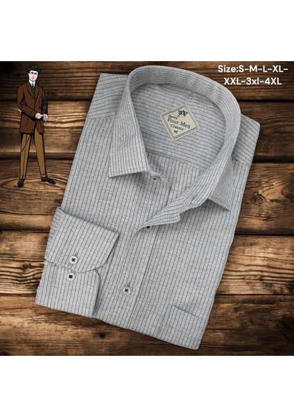 Linen Keten Klasik %100 Cotton Uzun Kollu Terletmeyen Tek Cepli Kapaklı Gri Gömlek (Regular Kalıp)