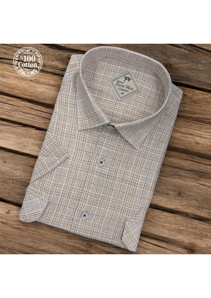 Linen Keten Klasik %100 Cotton Kısa Kollu Terletmeyen Iki Cepli Kapaklı Camel Gömlek (Regular Kalıp)