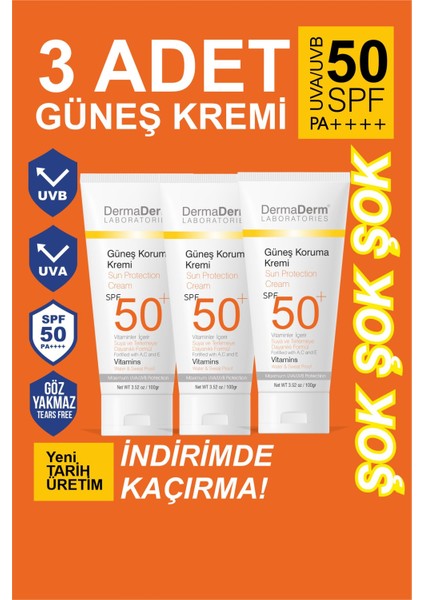 3 Adet Spf 50+ Güneş Koruma Vitaminli Yüz ve Vücut Güneş Kremi 3 x 100 Ml