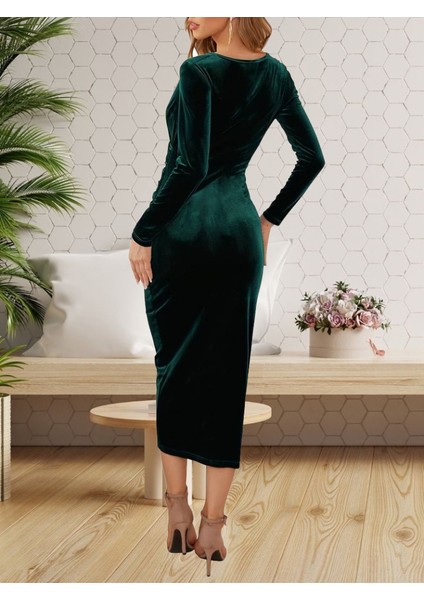 Kadın Uzun Kollu Kruvaze Yaka Belden Büzgü Detay Midi Kadife Elbise 2xl-3xl-Yeşil fiyatları