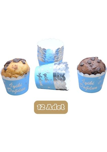 Metalik Mavi Üzeri Gümüş Iyiki Doğdun Temalı Cupcake Muffin Kalıbı