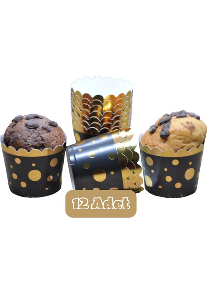 Metalik Siyah Üzeri Altın Puanlı Cupcake Muffin Kalıbı